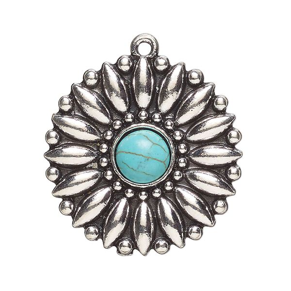 Focal, antique silver-finished "pewter" (zinc-based alloy) and "turquoise" (resin) (imitation), turquoise blue, 30.5mm single-sided round with flower. Sold per pkg of 2. image number 0
