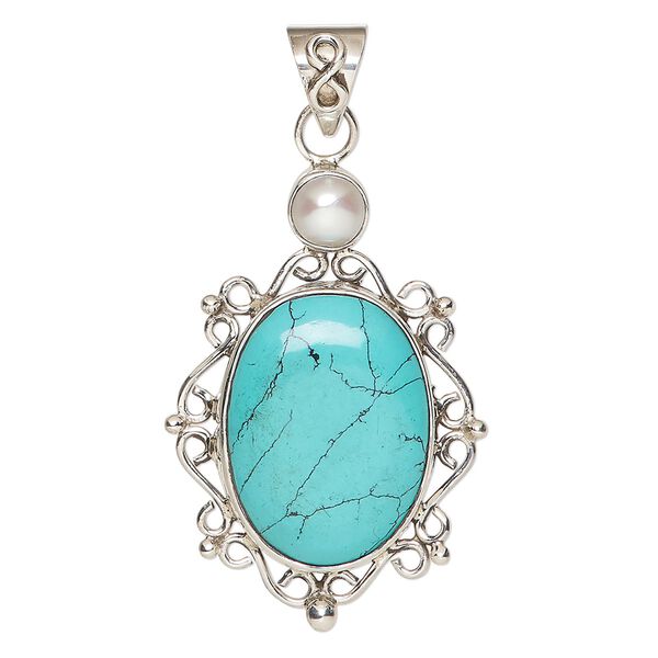 Pendant, sterling silver / "turquoise" (resin) (imitation) / cultured freshwater pearl (bleached), white, 45x32mm fancy oval. Sold individually. image number 0