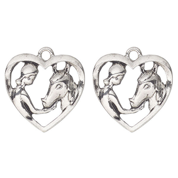 Charm, antique silver-finished "pewter" (zinc-based alloy) , 20x18mm girl and horse heart. Sold per pkg of 2. image number 0