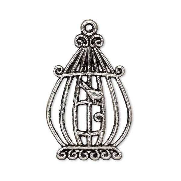 Focal, antiqued silver-finished "pewter" (zinc-based alloy), 31x21mm single-sided bird in cage. Sold per pkg of 4. image number 0