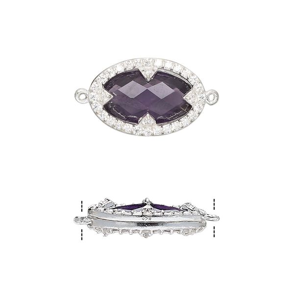 Link, amethyst (natural) / cubic zirconia / sterling silver, clear, 18x12mm double-sided faceted oval. Sold individually. image number 0