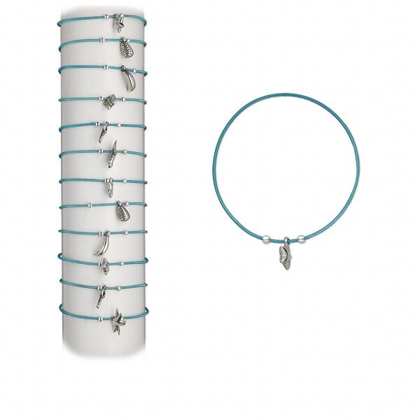 Bracelet, stretch, steel and silver-coated plastic, teal green, coil with multi-shape, 7 inches. Sold per pkg of 12. image number 0