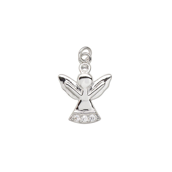 Charm, cubic zirconia and imitation rhodium-plated brass, clear, 16x14mm single-sided angel with 4mm open jump ring. Sold per pkg of 2. image number 0