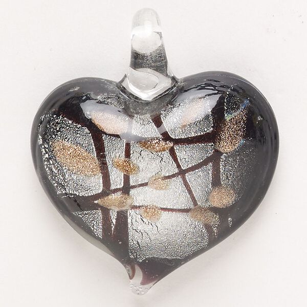 Focal, lampworked glass, pkg/1, opaque black with silver-colored foil and copper-colored glitter, 35x30mm-36x33mm puffed heart. image number 0