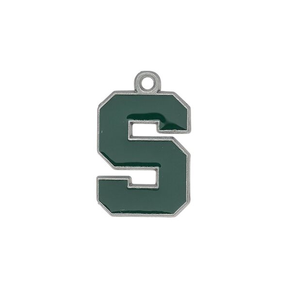 Charm, enamel and "pewter" (zinc-based alloy), green, 19x14mm single-sided Michigan State Spartans. Sold individually. image number 0