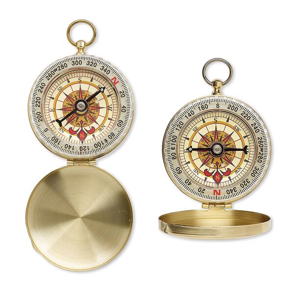 Focal, brass / steel / acrylic, multicolored, 2-3/4 x 2-inch working compass with 2-inch round face and hinged cover. Sold individually. image number 0