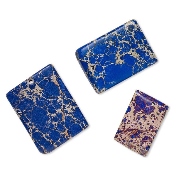 Focal and drop mix, magnesite (dyed / stabilized), lapis blue to grape, 24x16mm-37x26mm top-drilled puffed square and puffed rectangle, Mohs hardness 3-1/2 to 4. Sold per pkg of 3. image number 0