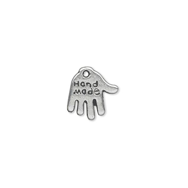 Charm, antique silver-plated "pewter" (zinc-based alloy), 13x11mm double-sided hand with "Hand Made" engraving. Sold per pkg of 50. image number 0