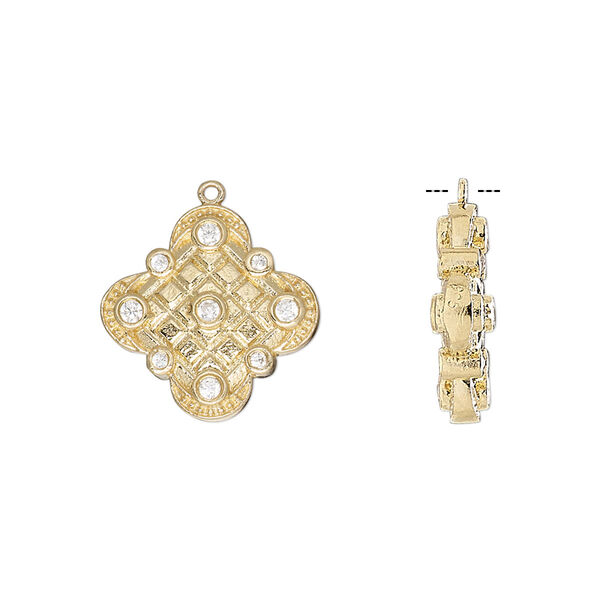 Drop, cubic zirconia and gold-finished sterling silver, clear, 16mm double-sided diamond. Sold individually. image number 0
