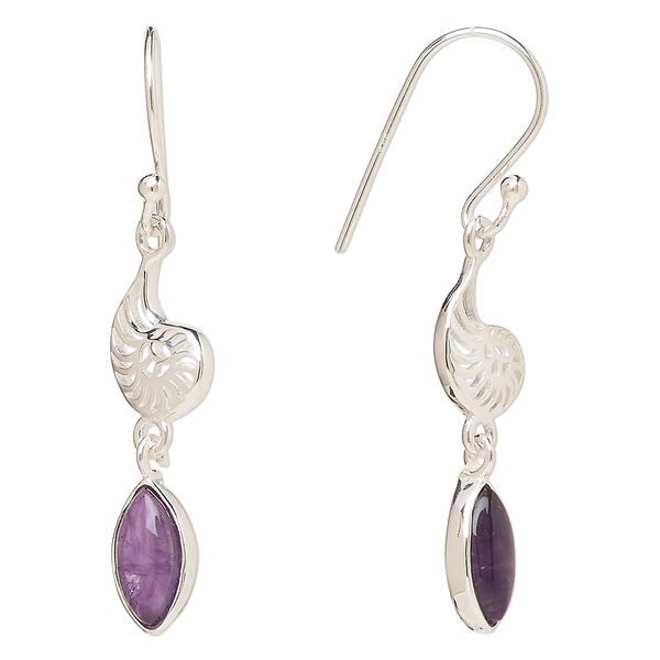 Ear wire, Create Compliments®, antiqued sterling silver and amethyst (natural), fishhook, 42.5mm with 26.5mm single-sided nautilus, 21 gauge. Sold per pair. image number 0