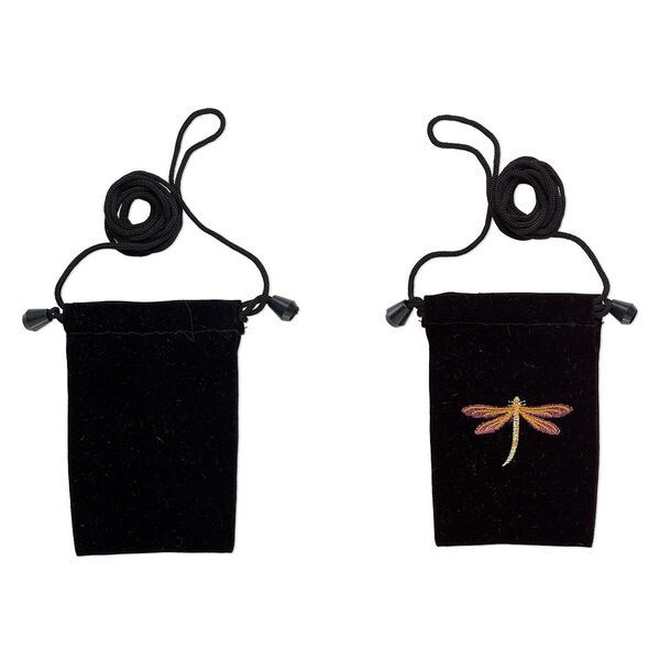 Pouch, velveteen and plastic, black and multicolored, 5x3 inches with embroidered dragonfly design, 26-inch shoulder strap. Sold per pkg of 2. image number 0