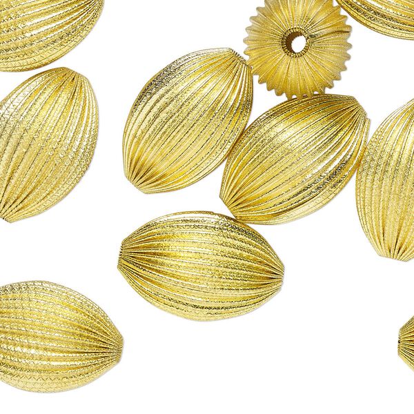 Bead, brass, 29x19mm-30x20mm corrugated oval with 3mm hole. Sold per pkg of 12. image number 0
