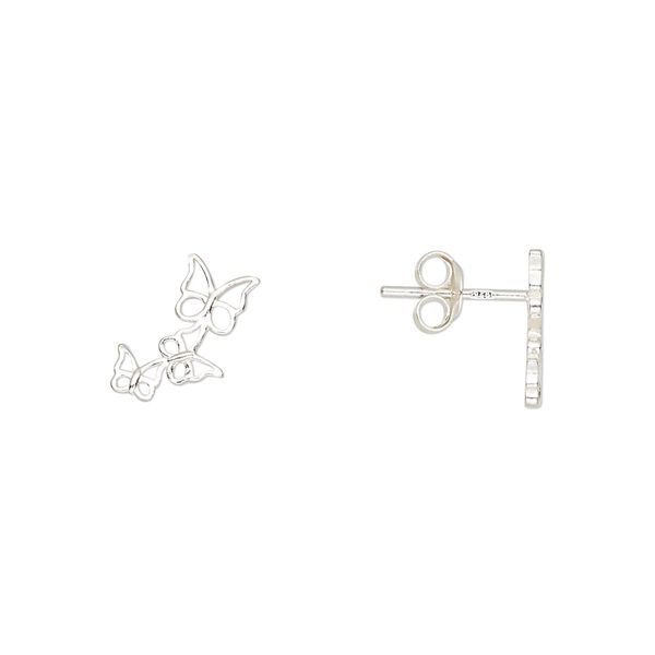 Earstud sterling silver 1pkg2, 12.5x7mm right- and left-facing open butterflies / earnuts included, Create Compliments® 1 pair image number 0