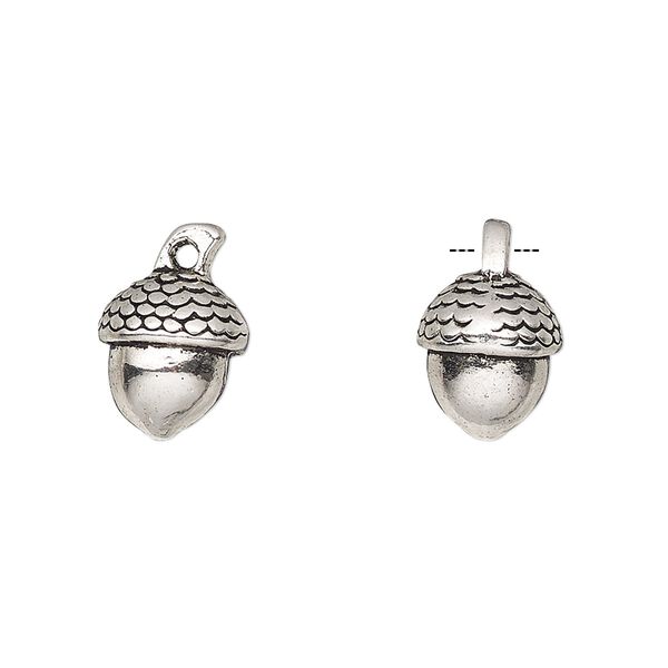 Charm, antique silver-finished "pewter" (zinc-based alloy), 11x10mm 3D acorn. Sold per pkg of 4. image number 0
