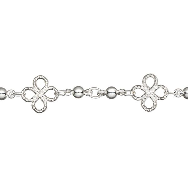 Chain, silver-plated brass, 8mm clover with 3mm bead. Sold per pkg of 5 feet. image number 0