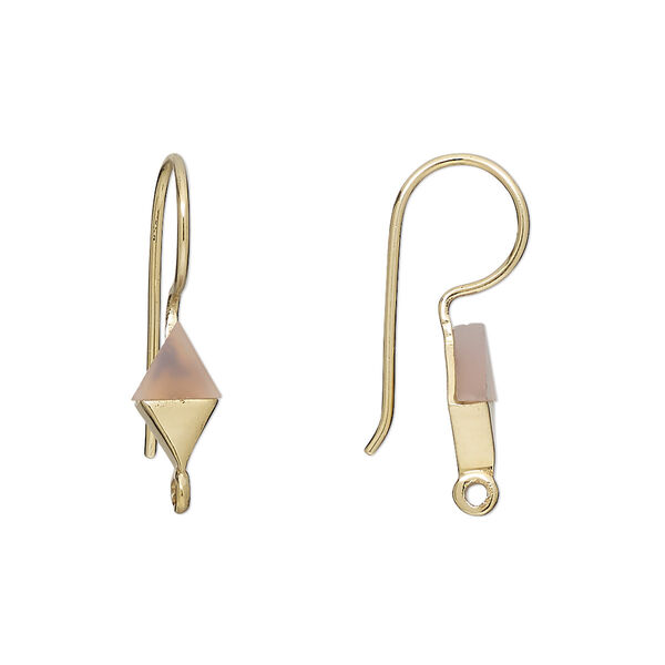 Ear wire, pink chalcedony (dyed) and gold-finished sterling silver, 24mm fishhook with 10x6mm hand-cut diamond and closed loop, 19 gauge. Sold per pair. image number 0