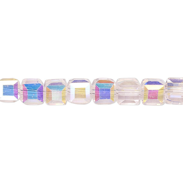 Bead 1pk 18 facets translucent pink AB, Celestial Crystal® 6mm cube 15.5-16 inch image number 0