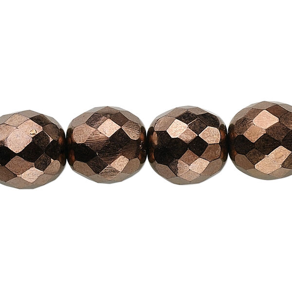 Bead, Czech fire-polished glass, pkg/15-1/2 to 16 inches, 12mm faceted round, opaque bronze, (23980-14415). image number 0