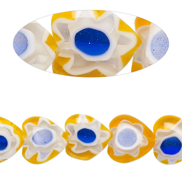Bead, millefiori glass, translucent orange / blue / white, 11mm-13x12mm puffed heart with sunburst and flower design. Sold per 14-inch strand. image number 0
