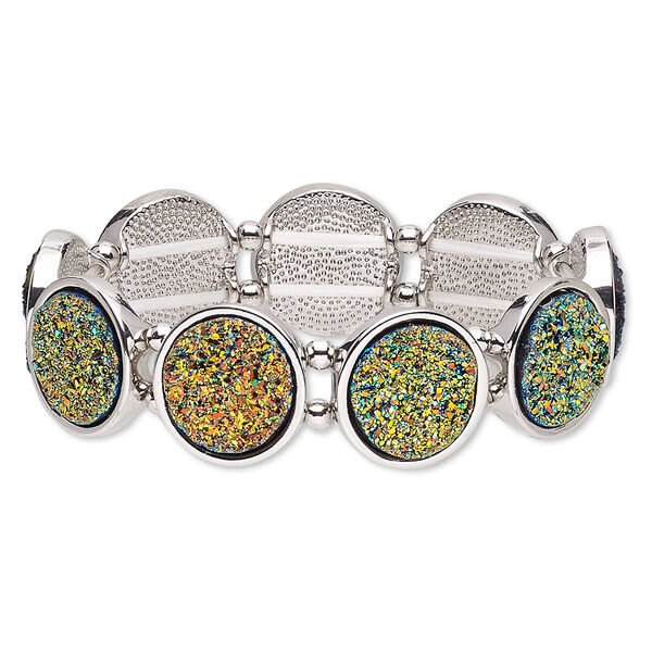 Bracelet, stretch, druzy (imitation) / silver-coated plastic / silver-plated "pewter" (zinc-based alloy), multicolored, 19mm wide with 19mm flat round, 6-1/2 inches. Sold individually. image number 0