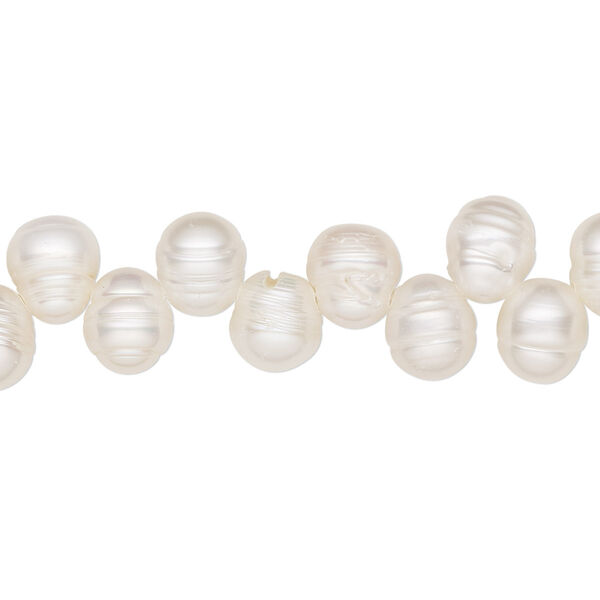 Pearl, cultured freshwater (bleached), white, 8x6mm-10x7mm top-drilled rice, D grade, Mohs hardness 2-1/2 to 4. Sold per 16-inch strand. image number 0