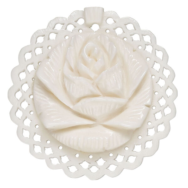 Focal, camel bone (bleached), white, 43mm side-drilled cutout round with rose, Mohs hardness 2-1/2. Sold individually. image number 0
