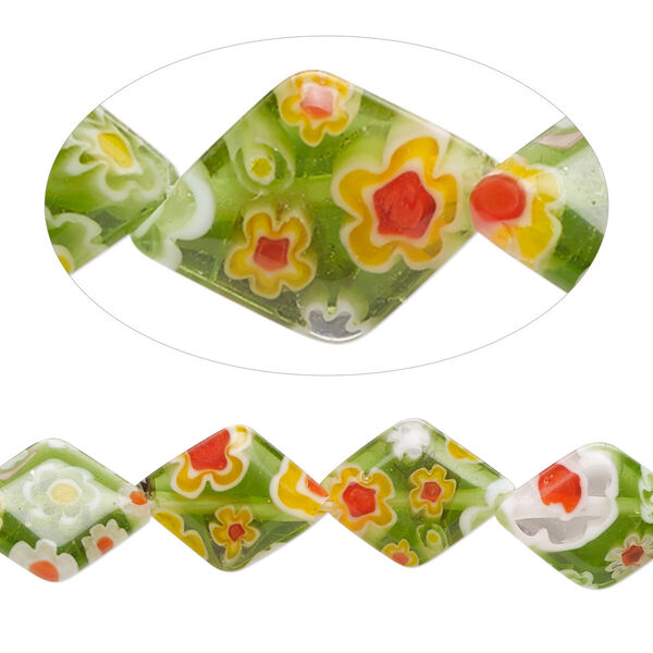Bead, millefiori glass, translucent multicolored, 13x10mm puffed diamond. Sold per 15-inch strand, approximately 30 beads. image number 0