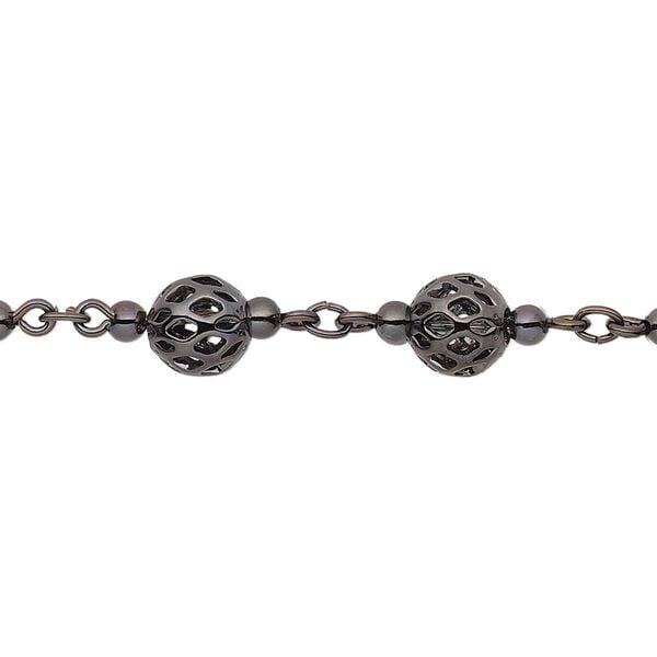 Chain, gunmetal-plated brass, 6mm beaded filigree. Sold per pkg of 5 feet. image number 0