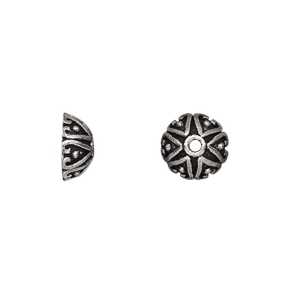 Bead cap, antique silver-plated white brass, 10x4mm fancy round with hearts, fits 10-12mm bead. Sold per pkg of 8. image number 0