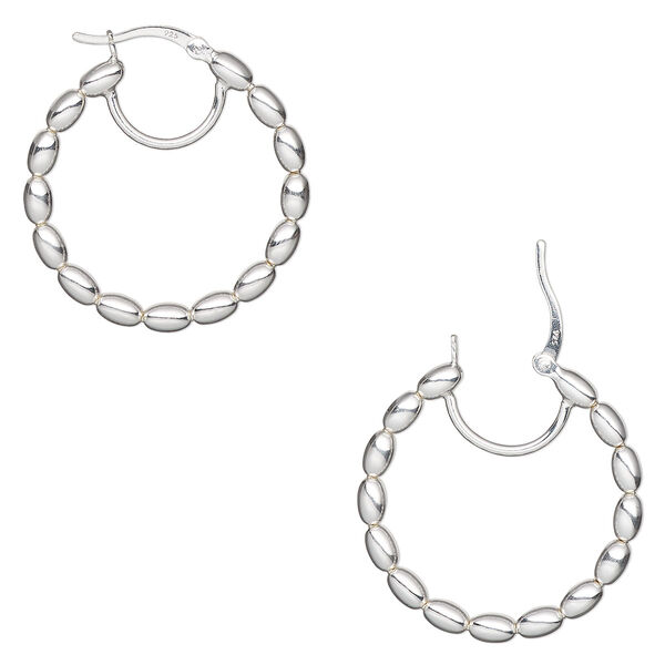 Hoop, sterling silver, 30mm beaded round with closed loop, 19 gauge. Sold per pair. image number 0