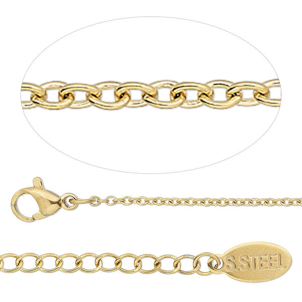 Chain, gold-finished stainless steel, 1.5mm cable, 20 inches with 2-inch extender chain and lobster claw clasp. Sold individually. image number 0