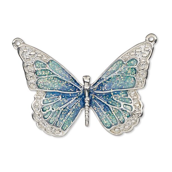 Focal, enamel and imitation rhodium-plated "pewter" (zinc-based alloy), blue and green with glitter, 35x25mm single-sided butterfly. Sold individually. image number 0