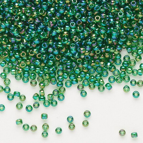 Seed bead, Dyna-Mites™, glass, pkg/40g, #11 round, translucent rainbow emerald green, (22R 11/0 RR). image number 0