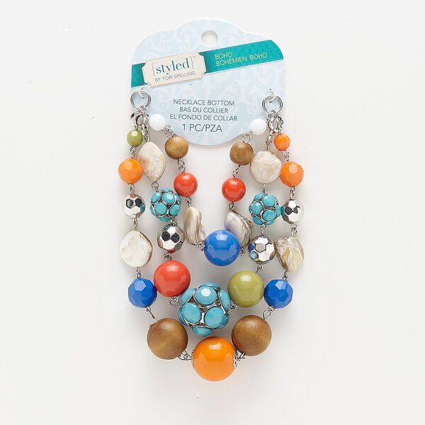 Necklace component, 3-strand, wood (dyed) / mother-of-pearl shell (natural) / acrylic / gunmetal-coated plastic / gunmetal-finished steel, multicolored, 7 inches. Sold individually. image number 0