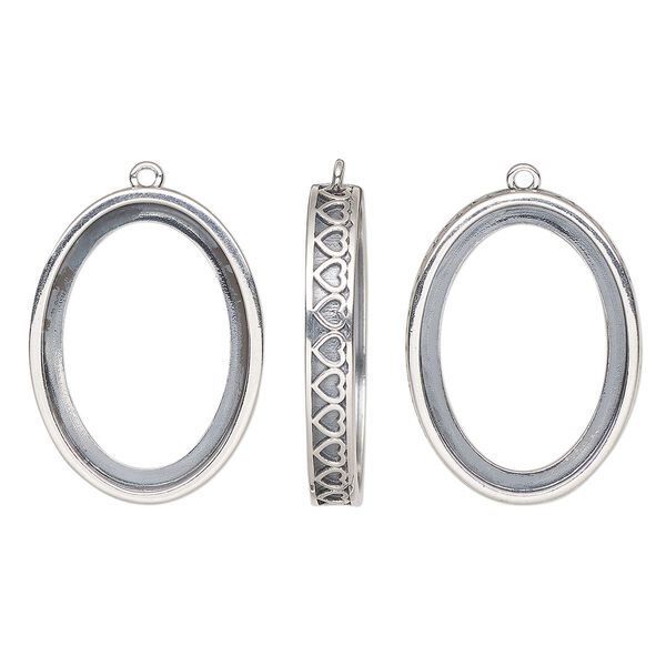 Drop, antiqued sterling silver, 28x20.5mm oval with 25x18mm oval setting and heart design with open back. Sold individually. image number 0
