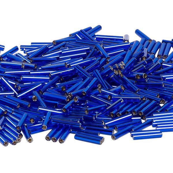 Bead, Miyuki, bugle bead, glass, pkg/50 g, 12x2.4mm center-drilled, silver-lined translucent sapphire blue, (RBU-0020). image number 0