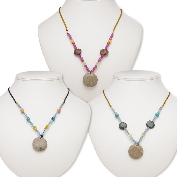 Multi-gemstone / acrylic / glass 1pkg3, round pendant necklace 20 inch continuous loop mix 29-30mm image number 0