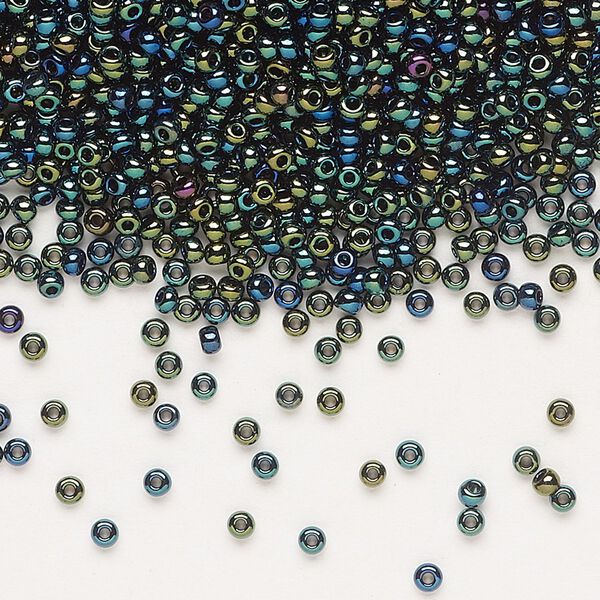 Seed bead, Preciosa Ornela Czech glass, pkg/500g, #11 rocaille, opaque green iris black, (59155). image number 0