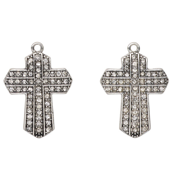 Drop, antique silver-finished "pewter" (zinc-based alloy) and glass, clear, 28x22mm cross. Sold per pkg of 2. image number 0