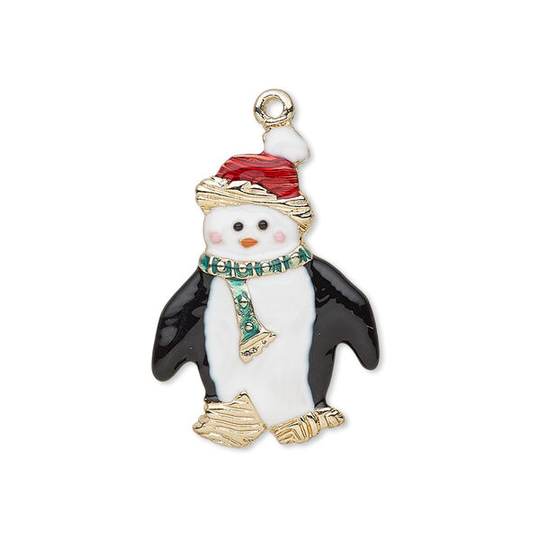 Charm, enamel and gold-finished "pewter" (zinc-based alloy), multicolored, 26x19mm single-sided penguin with Christmas hat and scarf. Sold individually. image number 0
