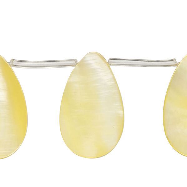 Bead, mother-of-pearl shell (dyed), yellow, 24x5mm-29x9mm top-drilled flat teardrop, Mohs hardness 3-1/2. Sold per 14-inch strand, approximately 15 beads. image number 0