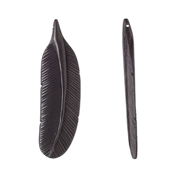 Focal, arang wood (natural), black, 67x19mm hand-carved side-drilled double-sided feather. Sold individually. image number 0