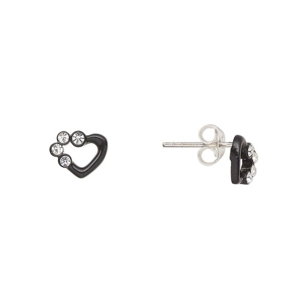Earstud, Create Compliments®, sterling silver and crystal, black and clear, 8.5x6mm open heart. Sold per pair. image number 0