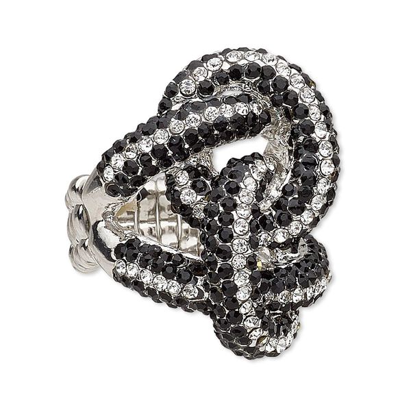 Ring, stretch, glass rhinestone and imitation rhodium-plated "pewter" (zinc-based alloy), clear and black, 33x26mm knot. Sold individually. image number 0