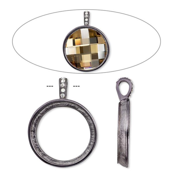 Pendant, Almost Instant Jewelry®, crystals and gunmetal-finished "pewter" (zinc-based alloy), crystal clear, 44x34mm single-sided smooth round with 30mm round setting. Sold individually. image number 0