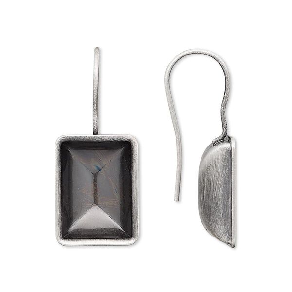 Ear wire fishhook 1pkg4 Almost Instant Jewelry® antique silver-plated, 30x13mm / 14x10mm rectangle glue-in setting, 20 gauge brass 2 pair image number 0
