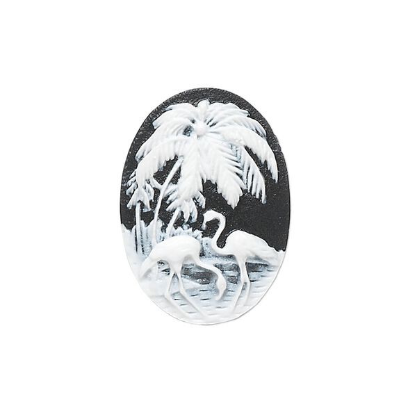 Cabochon, acrylic, black and white, 25x18mm non-calibrated oval cameo with palm tree and flamingo. Sold individually. image number 0