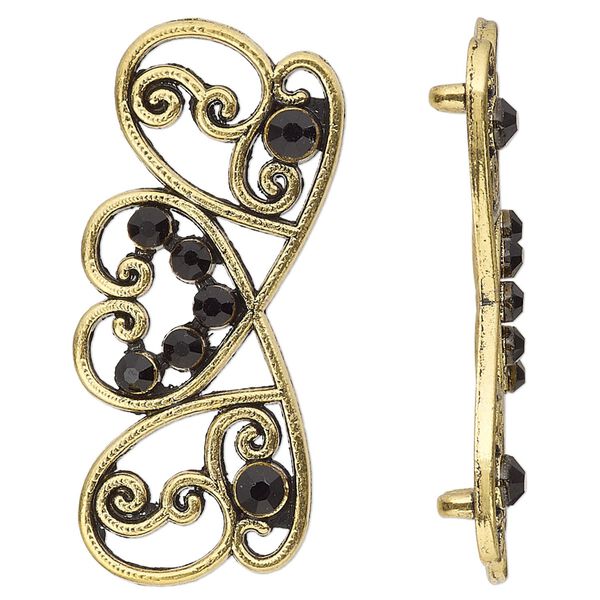 Spacer, antiqued gold-finished "pewter" (zinc-based alloy) and Czech glass rhinestone, black, 41x17mm 2-strand fancy rectangle. Sold per pkg of 4. image number 0