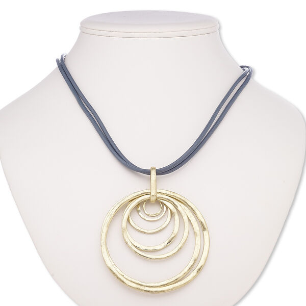 Necklace, 2-strand, leather (dyed) / gold-coated plastic / gold-finished brass / steel, grey, 3-inch wavy rings, 30 inches with 2-inch extender chain and lobster claw clasp. Sold individually. image number 0