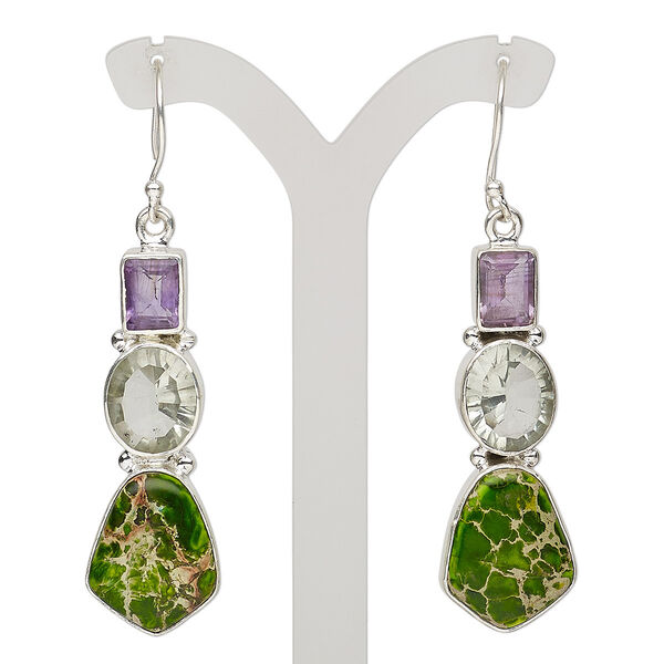 Earring, green quartz (heated) / amethyst / magnesite (dyed / stabilized) / sterling silver, apple green, 2-1/2 inches with fishhook ear wire, 21 gauge. Sold per pair. image number 0